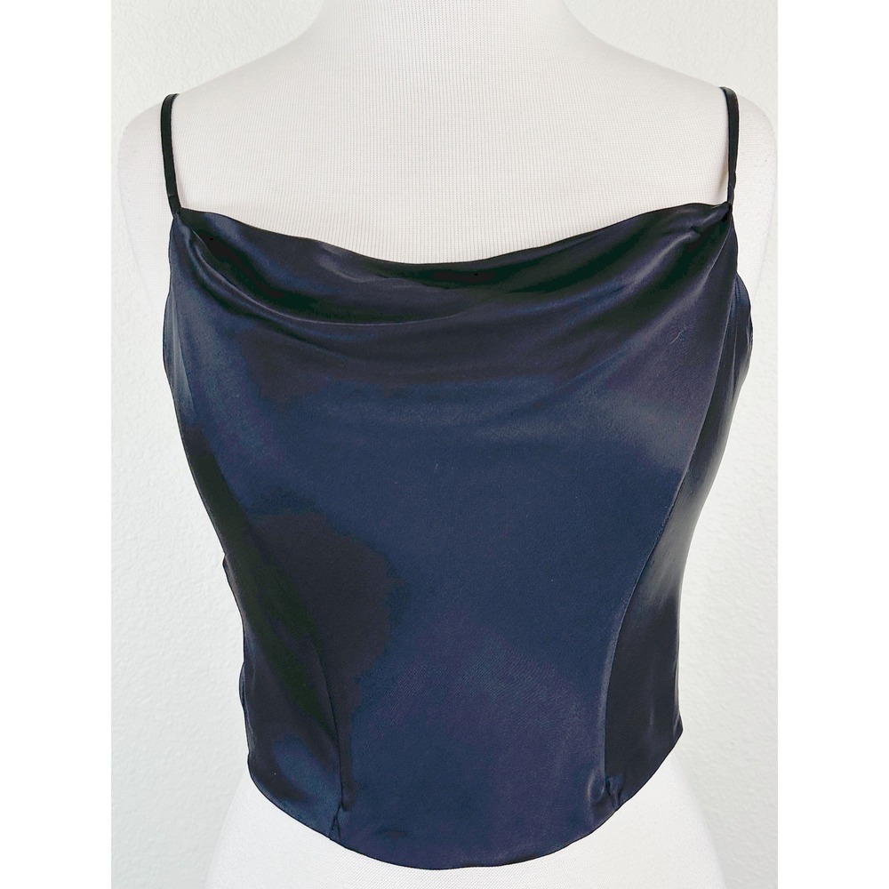 ASTR The Label Black Satin Cowl Neck Crop Top Smocked Back Cami‎ M